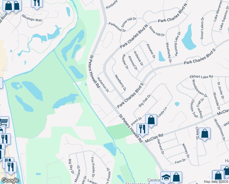 map of restaurants, bars, coffee shops, grocery stores, and more near 9 Park Charles Boulevard North in Saint Peters