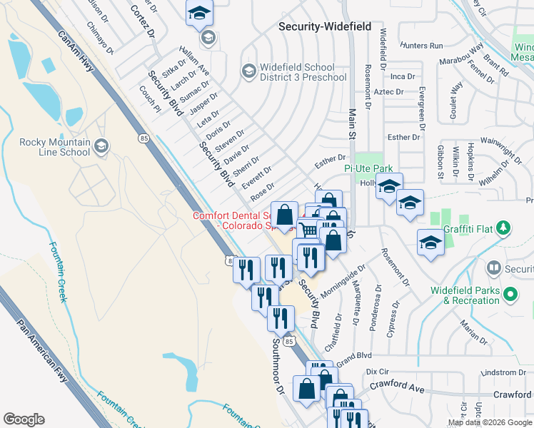 map of restaurants, bars, coffee shops, grocery stores, and more near 117 Esther Drive in Colorado Springs
