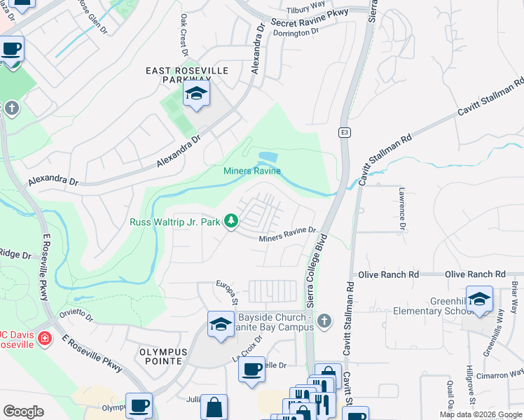 map of restaurants, bars, coffee shops, grocery stores, and more near 42 Huddlestone Circle in Roseville