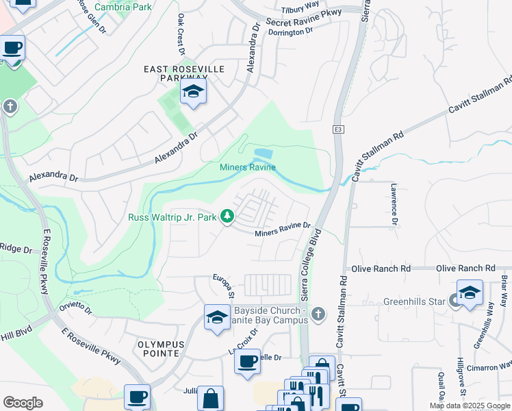 map of restaurants, bars, coffee shops, grocery stores, and more near 42 Huddlestone Circle in Roseville