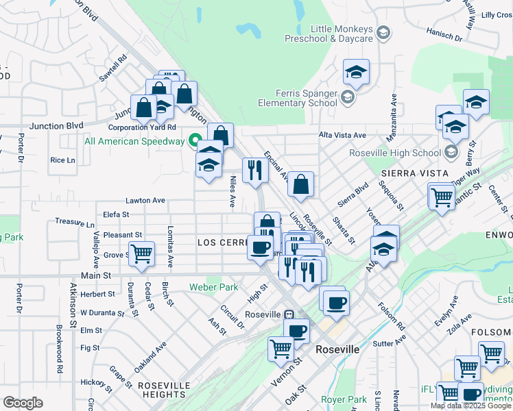map of restaurants, bars, coffee shops, grocery stores, and more near 611 Washington Boulevard in Roseville