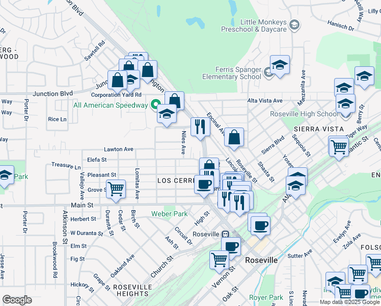 map of restaurants, bars, coffee shops, grocery stores, and more near 611 Washington Boulevard in Roseville