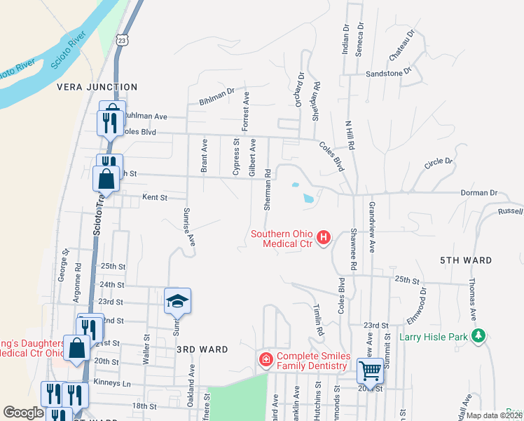 map of restaurants, bars, coffee shops, grocery stores, and more near 2725 Sherman Road in Portsmouth
