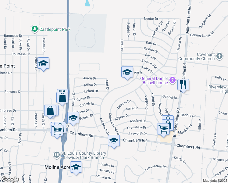 map of restaurants, bars, coffee shops, grocery stores, and more near 10200 Ashbrook Drive in St. Louis