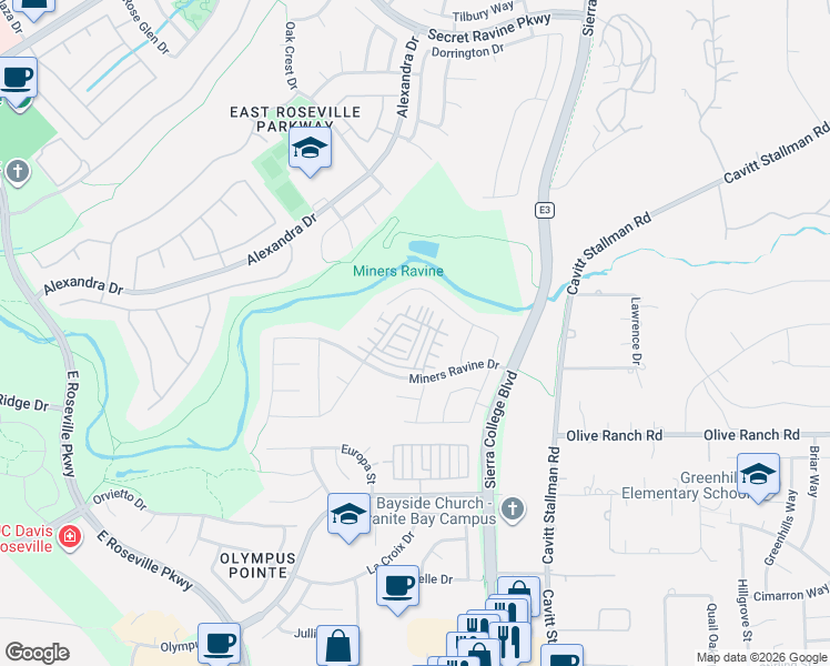 map of restaurants, bars, coffee shops, grocery stores, and more near 42 Huddlestone Circle in Roseville