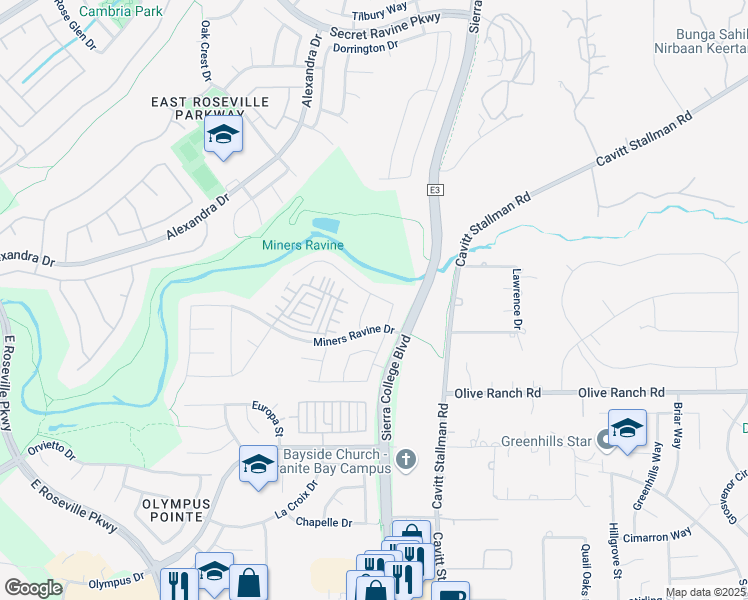 map of restaurants, bars, coffee shops, grocery stores, and more near 3064 Beardsley Way in Roseville