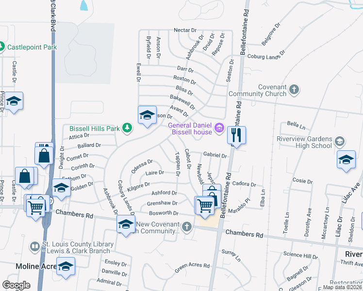 map of restaurants, bars, coffee shops, grocery stores, and more near 10232 Tappan Drive in St. Louis
