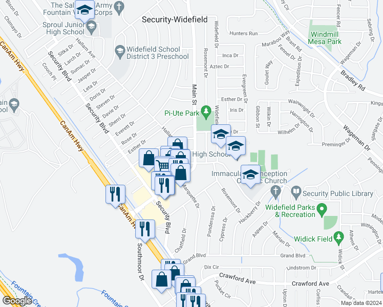 map of restaurants, bars, coffee shops, grocery stores, and more near 700 Hallam Avenue in Colorado Springs