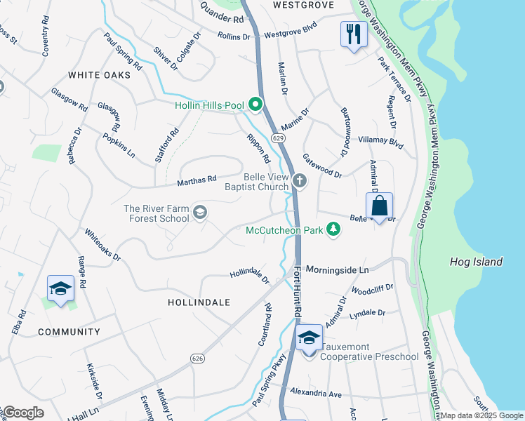 map of restaurants, bars, coffee shops, grocery stores, and more near 1600 Mason Hill Drive in Alexandria
