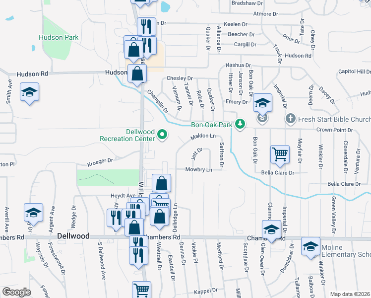 map of restaurants, bars, coffee shops, grocery stores, and more near 1618 Maldon Lane in St. Louis