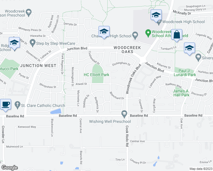 map of restaurants, bars, coffee shops, grocery stores, and more near 1629 Atwell Street in Roseville