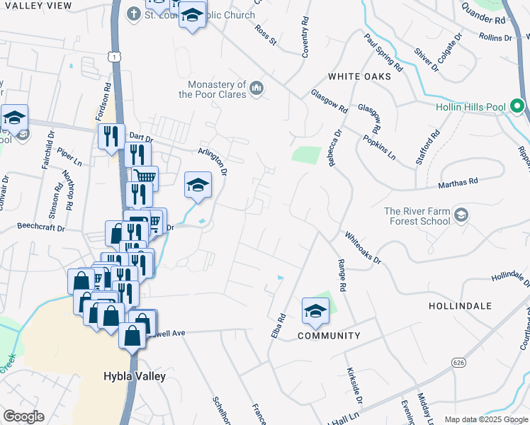 map of restaurants, bars, coffee shops, grocery stores, and more near 2537 Windbreak Drive in Alexandria
