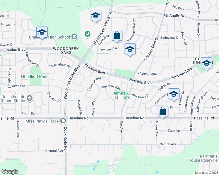 map of restaurants, bars, coffee shops, grocery stores, and more near 1417 Raeburn Way in Roseville