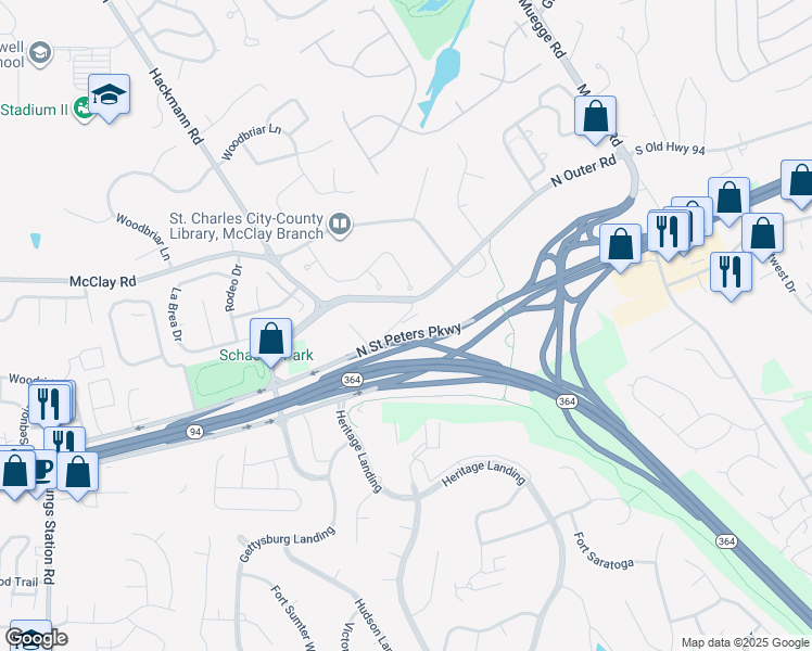 map of restaurants, bars, coffee shops, grocery stores, and more near 2580 South Old Highway 94 in Saint Charles