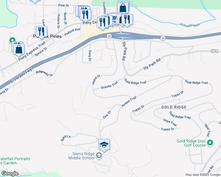 map of restaurants, bars, coffee shops, grocery stores, and more near 6488 Granite Trail in Pollock Pines