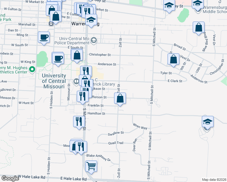 map of restaurants, bars, coffee shops, grocery stores, and more near 416 Jackson Street in Warrensburg