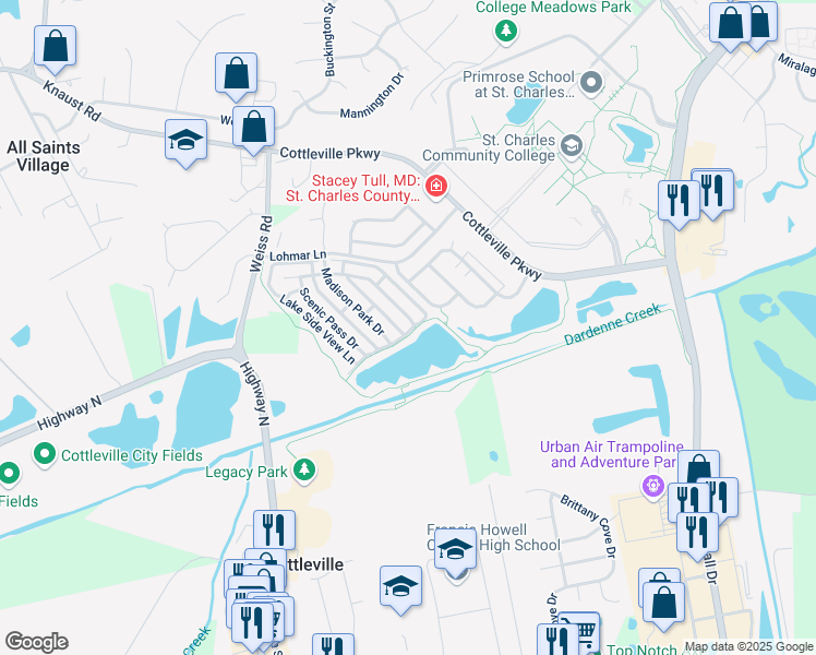map of restaurants, bars, coffee shops, grocery stores, and more near 300 Lake Side View Lane in Cottleville