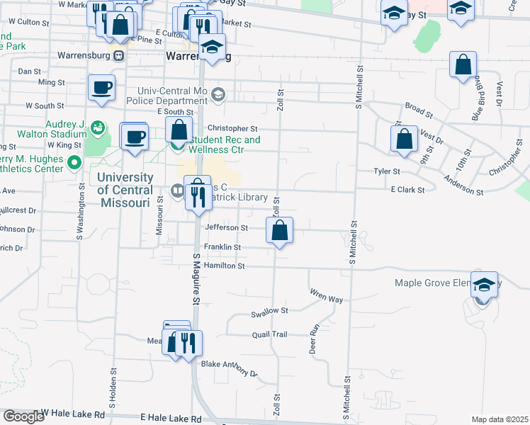map of restaurants, bars, coffee shops, grocery stores, and more near 416 Jackson Street in Warrensburg