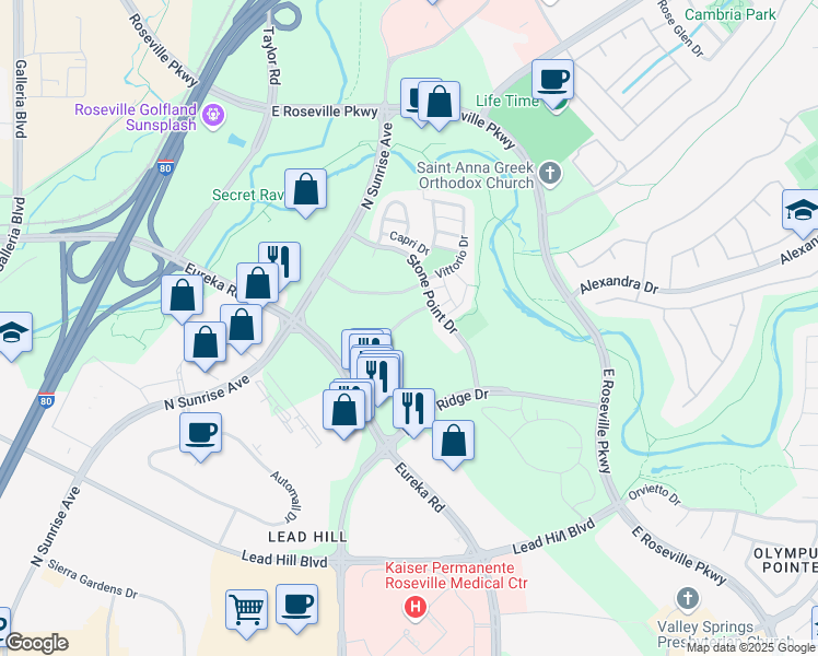 map of restaurants, bars, coffee shops, grocery stores, and more near 1470 Stone Point Drive in Roseville