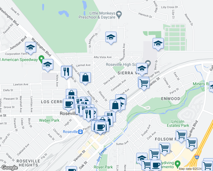 map of restaurants, bars, coffee shops, grocery stores, and more near 228 Sierra Boulevard in Roseville