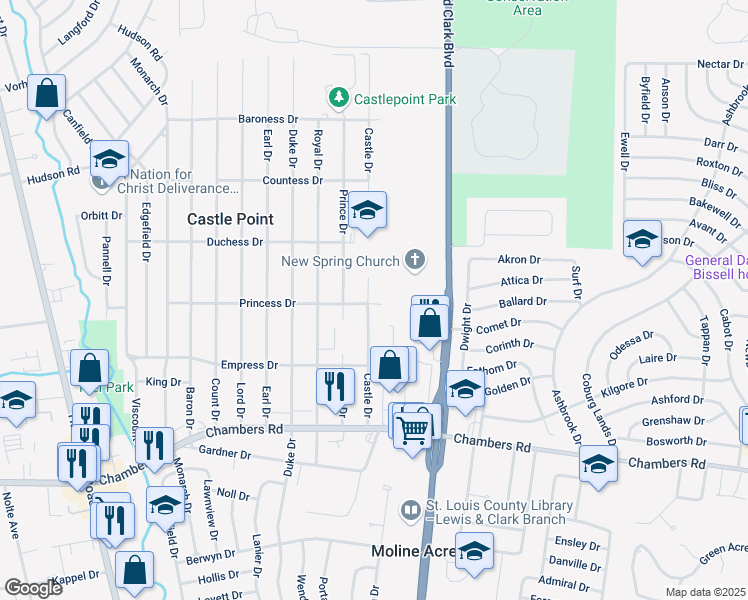 map of restaurants, bars, coffee shops, grocery stores, and more near 10202 Castle Drive in St. Louis