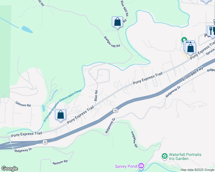 map of restaurants, bars, coffee shops, grocery stores, and more near 5830 Ritz Road in Pollock Pines