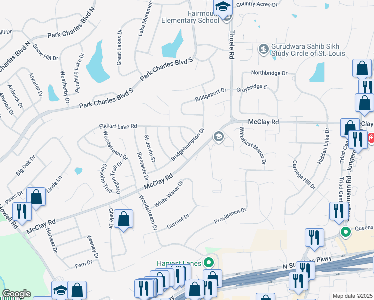 map of restaurants, bars, coffee shops, grocery stores, and more near 4126 Bridgehampton Drive in Saint Charles