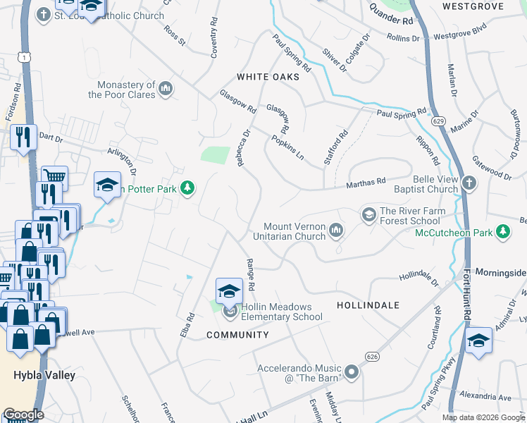 map of restaurants, bars, coffee shops, grocery stores, and more near 7417 Rebecca Drive in Alexandria
