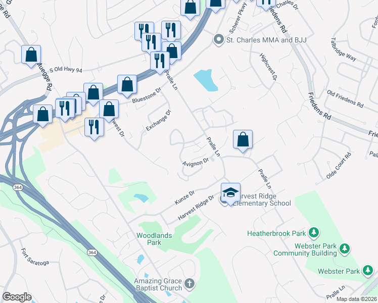 map of restaurants, bars, coffee shops, grocery stores, and more near 2059 Beau Court in Saint Charles