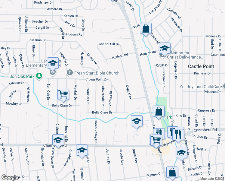 map of restaurants, bars, coffee shops, grocery stores, and more near 10160 Ventura Drive in St. Louis