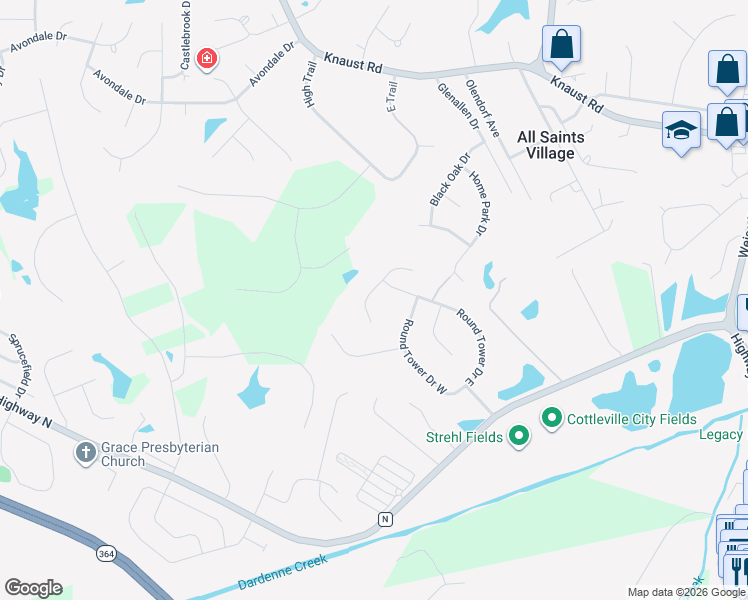 map of restaurants, bars, coffee shops, grocery stores, and more near 607 Saint Georges Chappel Court in Cottleville