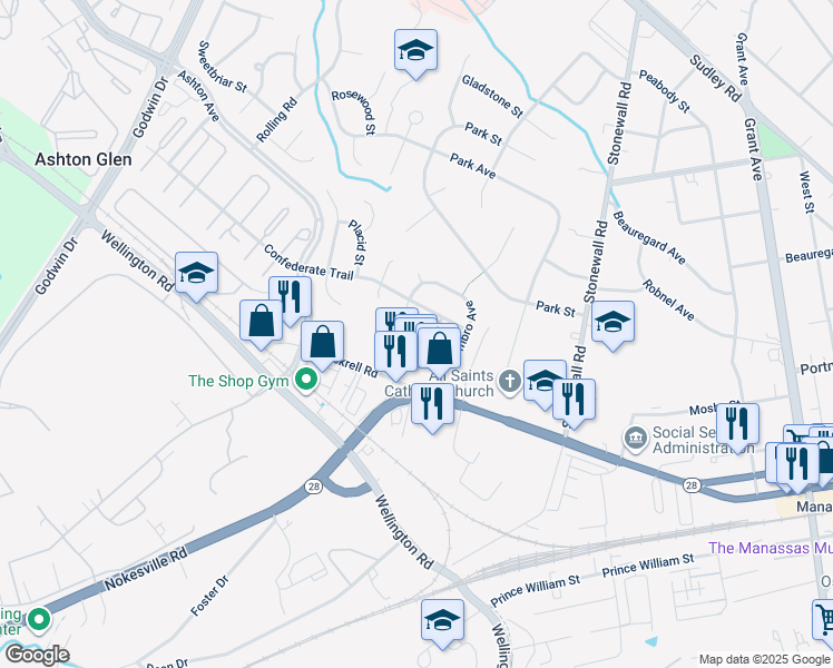 map of restaurants, bars, coffee shops, grocery stores, and more near 9251 Alpha Court in Manassas