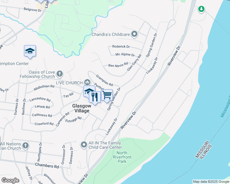 map of restaurants, bars, coffee shops, grocery stores, and more near 10537 Spring Garden Drive in St. Louis