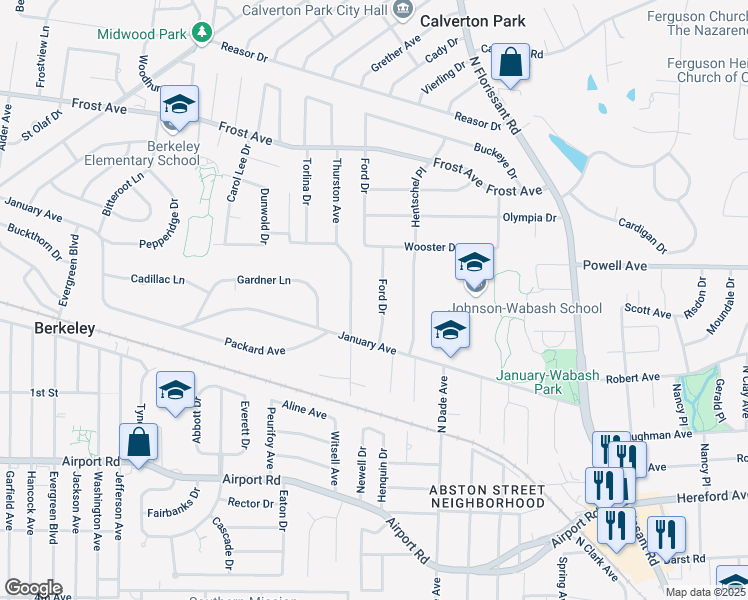 map of restaurants, bars, coffee shops, grocery stores, and more near 537 Ford Drive in Ferguson