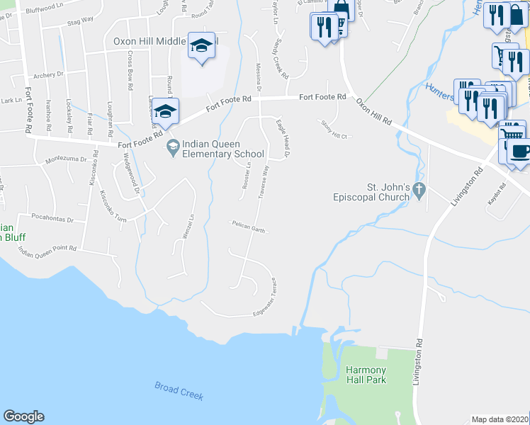 map of restaurants, bars, coffee shops, grocery stores, and more near 9708 Traverse Way in Fort Washington