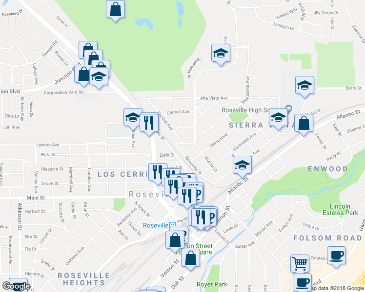 map of restaurants, bars, coffee shops, grocery stores, and more near 104 Valencia Avenue in Roseville