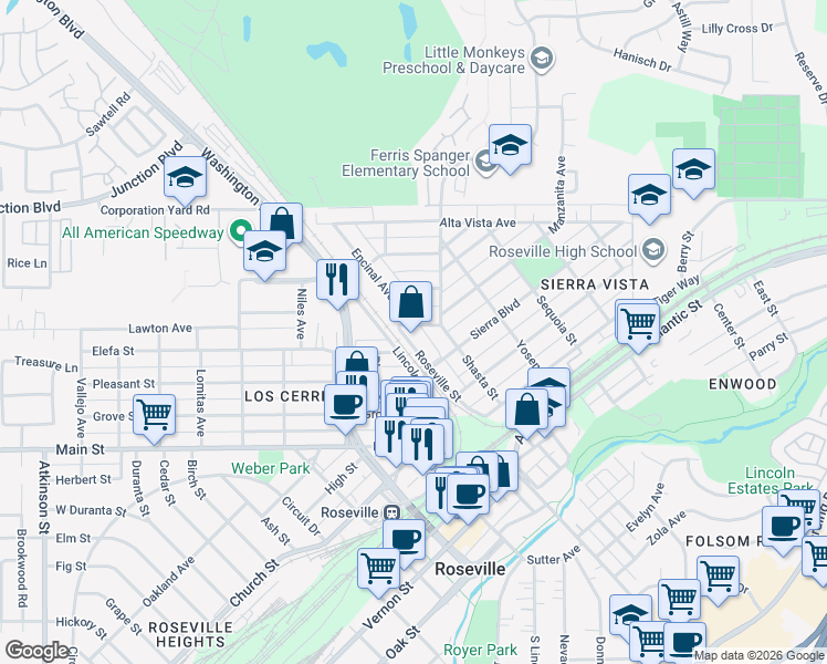 map of restaurants, bars, coffee shops, grocery stores, and more near 104 Valencia Avenue in Roseville