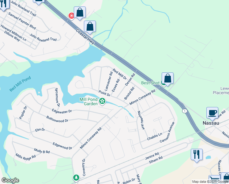 map of restaurants, bars, coffee shops, grocery stores, and more near 16899 Essex Road in Lewes