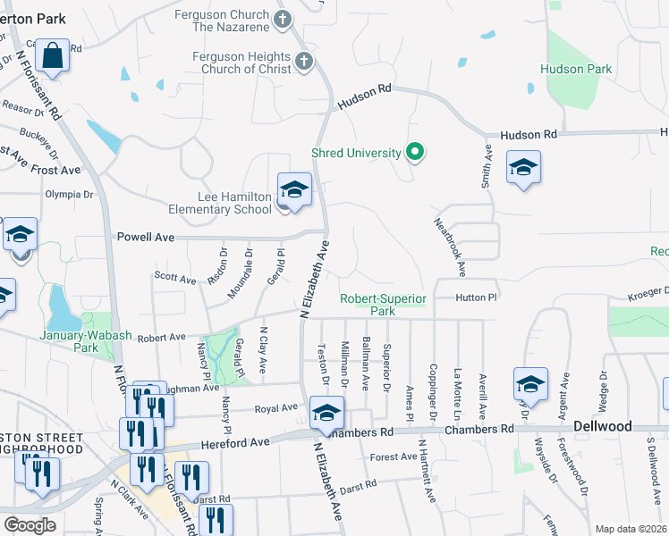map of restaurants, bars, coffee shops, grocery stores, and more near 513 Larkin Avenue in Ferguson