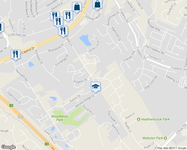 map of restaurants, bars, coffee shops, grocery stores, and more near 2 Jackson Place in Saint Charles