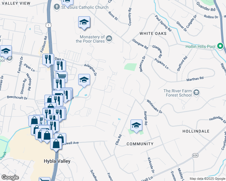 map of restaurants, bars, coffee shops, grocery stores, and more near 2537 Windbreak Drive in Alexandria
