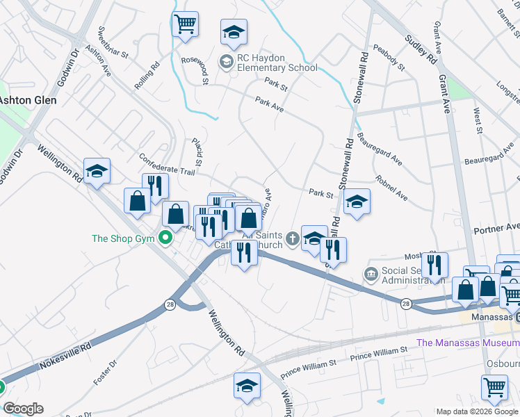 map of restaurants, bars, coffee shops, grocery stores, and more near 9947 Confederate Trail in Manassas