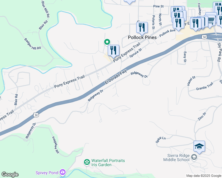 map of restaurants, bars, coffee shops, grocery stores, and more near 3226 Eves Way in Pollock Pines