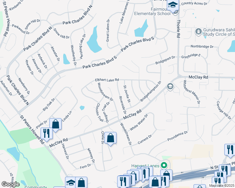 map of restaurants, bars, coffee shops, grocery stores, and more near 623 Riverside Drive in Saint Charles