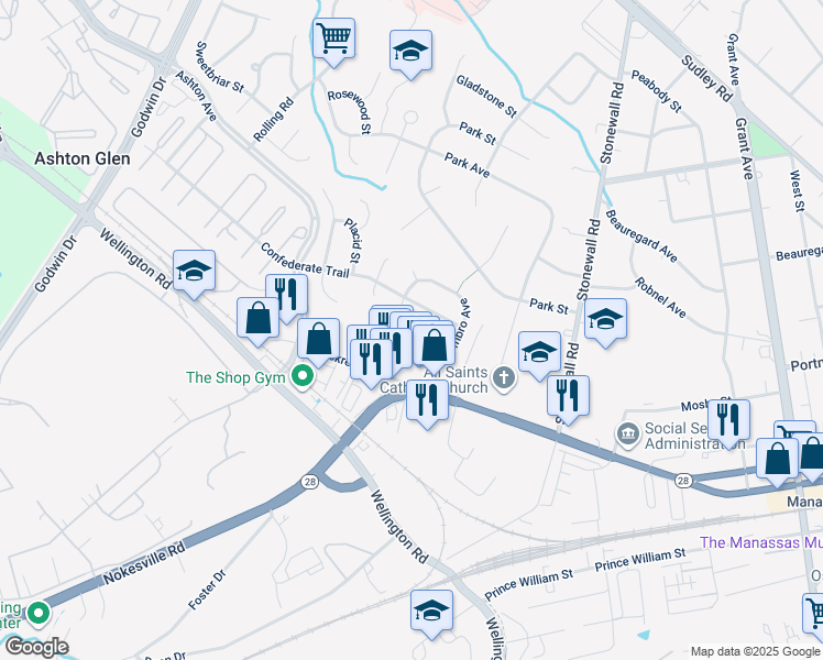 map of restaurants, bars, coffee shops, grocery stores, and more near 9251 Alpha Court in Manassas
