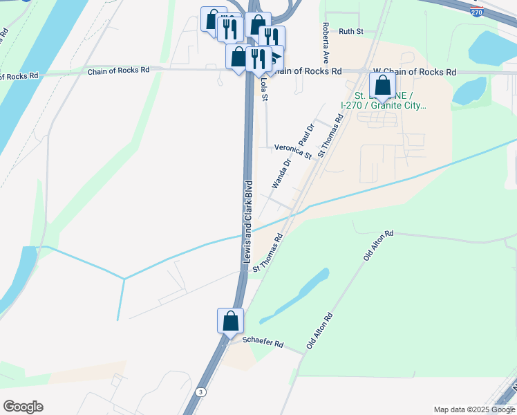 map of restaurants, bars, coffee shops, grocery stores, and more near 972 Wanda Drive in Granite City