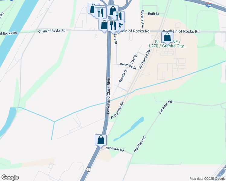 map of restaurants, bars, coffee shops, grocery stores, and more near 972 Wanda Drive in Granite City
