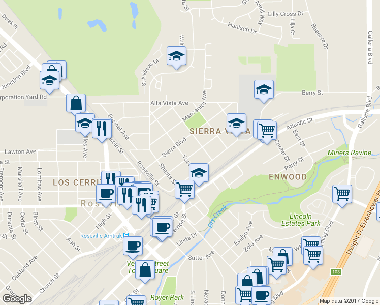 map of restaurants, bars, coffee shops, grocery stores, and more near 307 Coronado Avenue in Roseville