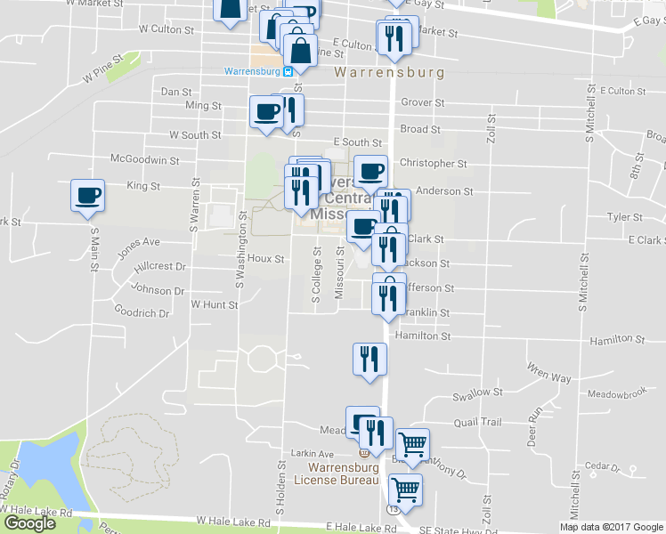 map of restaurants, bars, coffee shops, grocery stores, and more near 616 Missouri Street in Warrensburg