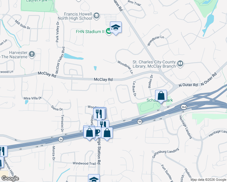 map of restaurants, bars, coffee shops, grocery stores, and more near 310 Harper Court in St. Peters